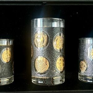 (3) Vintage World Coin Style 22k Gold Tumbler & Rocks Drinking Glasses